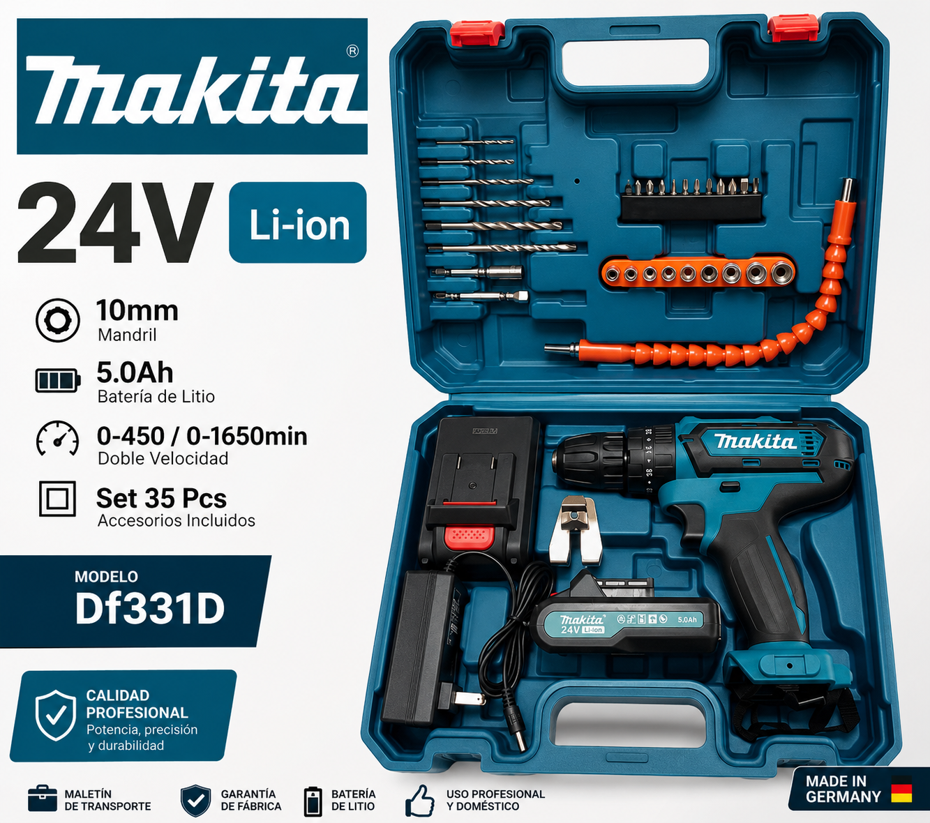 (KIT) TALADRO INALÁMBRICO MAKITA 24V + KIT DE 35 PIEZAS